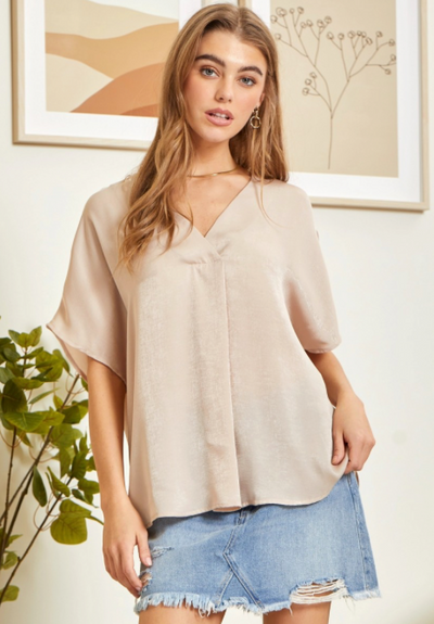 Taupe Relaxed V-Neck Short Sleeve Solid Top