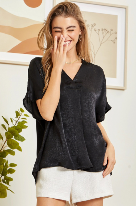 Black Relaxed V-Neck Short Sleeve Solid Top