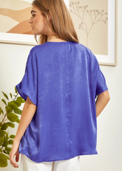 Royal Blue Relaxed V-Neck Short Sleeve Solid Top