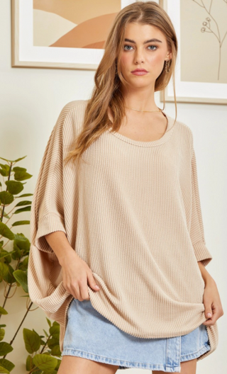 Curvy Taupe Rib Top Poncho Sleeved Top Final Sale