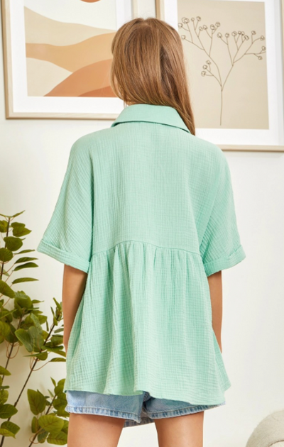 Sage Button Down Baby Doll Top w/ Dolman Sleeves