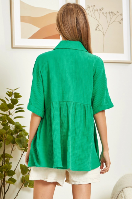 Kelly Green Button Down Baby Doll Top w/ Dolman Sleeves
