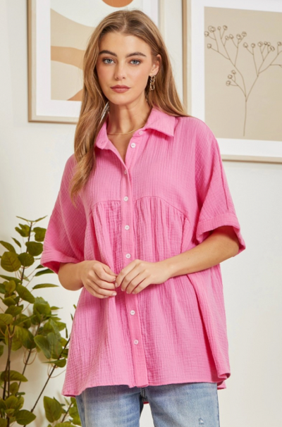 Pink Cosmos Button Down Baby Doll Top w/ Dolman Sleeves