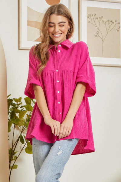 Hot Pink Button Down Baby Doll Top w/ Dolman Sleeves