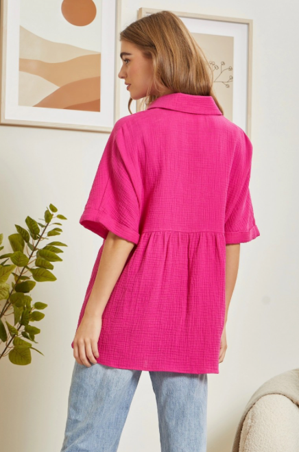 Curvy Hot Pink Button Down Baby Doll Top w/ Dolman Sleeves