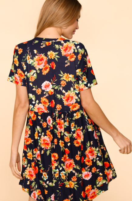 NAVY FLORAL PRINT MIDI LENGTH KNIT DRESS WITH SIDE POCKETS