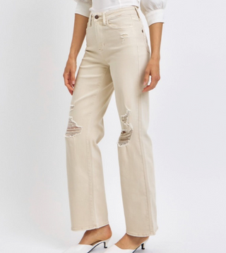JUDY BLUE HIGH WAISTED GARMENT DYED DESTROY 90'S STRAIGHT IN BONE