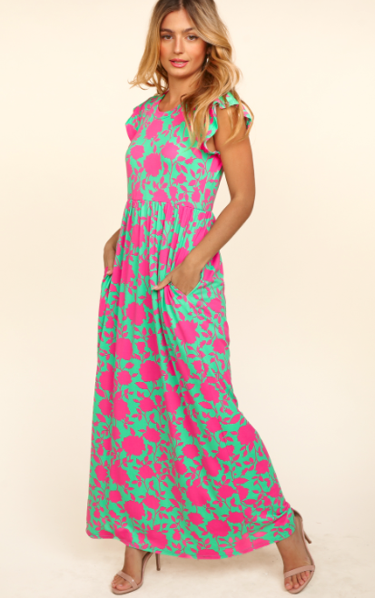 Green and Fuchsia Ruffle Sleeved Maxi Dress with Pockets