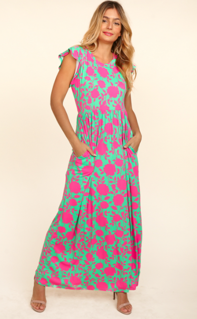 Green and Fuchsia Ruffle Sleeved Maxi Dress with Pockets Final Sale