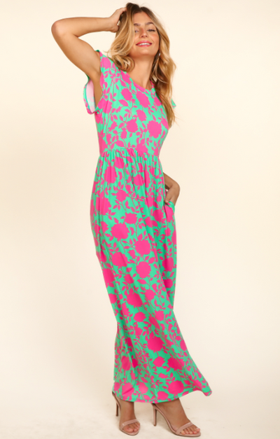 Green and Fuchsia Ruffle Sleeved Maxi Dress with Pockets