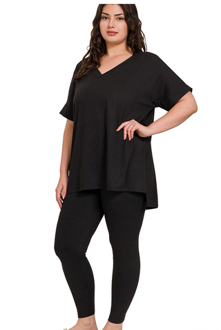 CURVY BLACK BRUSHED DTY MICROFIBER LOUNGEWEAR SET Final Sale