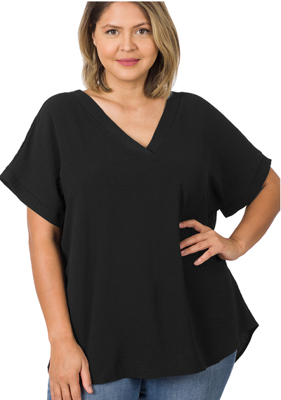 CURVY BLACK WOVEN AIRFLOW V-NECK HI-LOW HEM TOP Final Sale