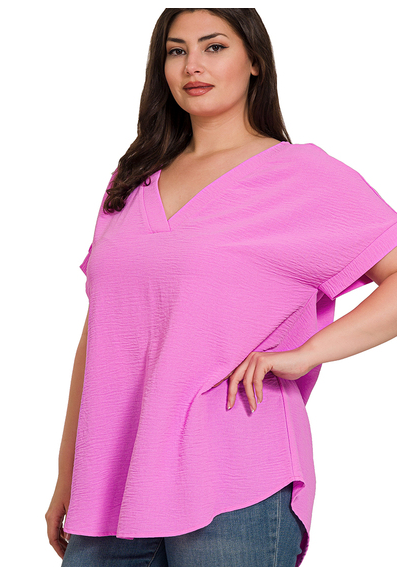 CURVY BRIGHT MAUVE WOVEN AIRFLOW V-NECK HI-LOW HEM TOP Final Sale