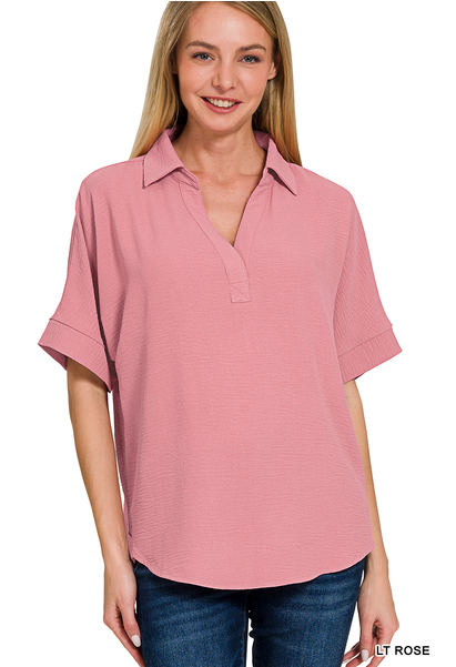 Curvy Light Rose Woven Collared V-Neck Short Sleeve Top