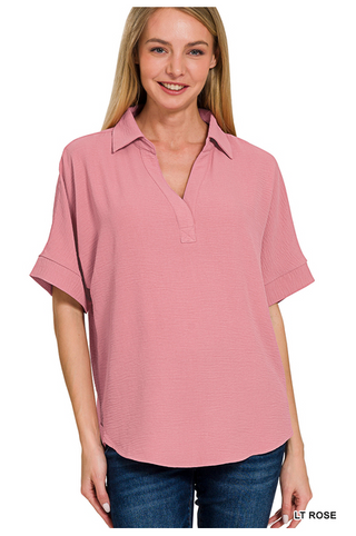 Curvy Light Rose Woven Collared V-Neck Short Sleeve Top Final Sale