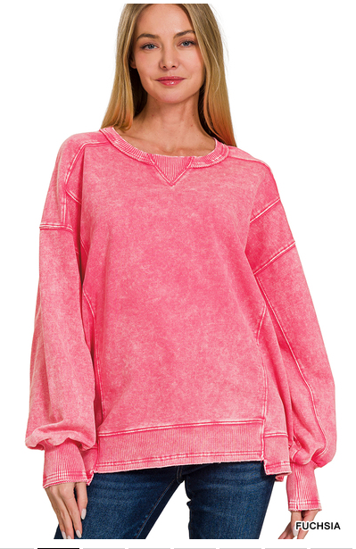 Fuchsia French Terry Acid Wash Pullover