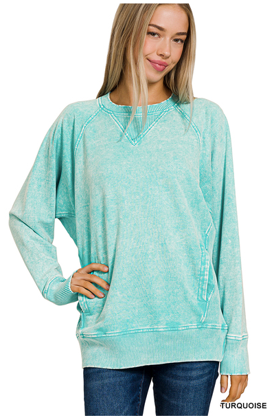 Turquoise French Terry Acid Wash Pullover