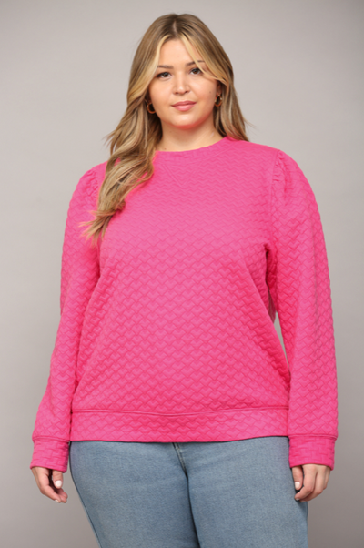 Curvy Hot Pink EMBOSSED FABRIC PUFF SLEEVE TOP