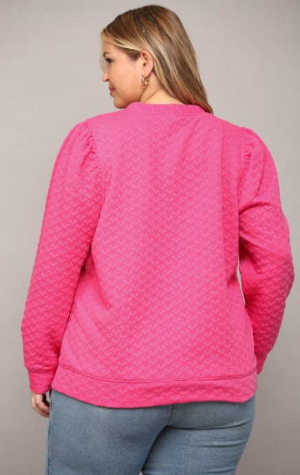 Curvy Hot Pink EMBOSSED FABRIC PUFF SLEEVE TOP