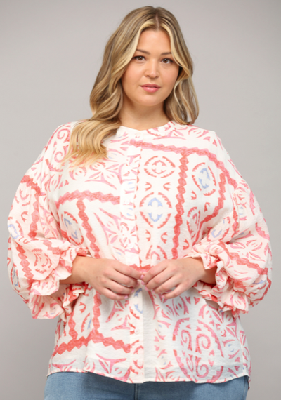 Curvy Cream Coral AZTEC PRINT BUBBLE SLEEVE BLOUSE