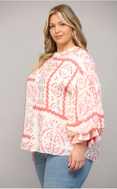 Curvy Cream Coral AZTEC PRINT BUBBLE SLEEVE BLOUSE