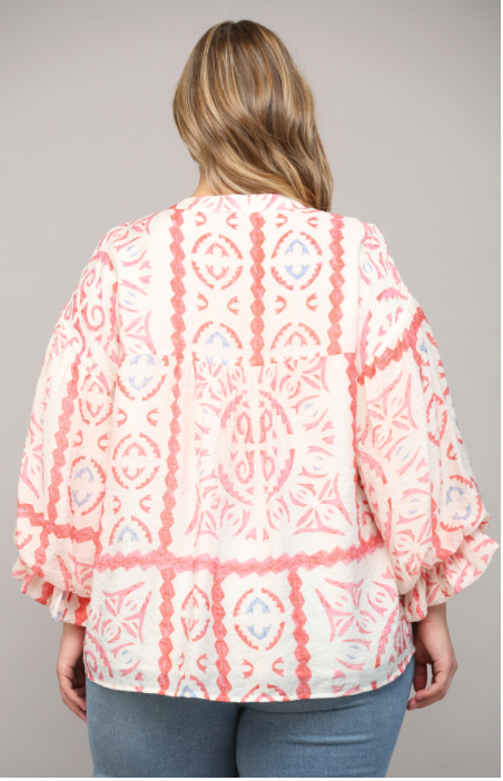 Curvy Cream Coral AZTEC PRINT BUBBLE SLEEVE BLOUSE