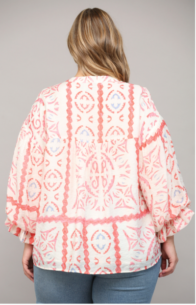 Curvy Cream Coral AZTEC PRINT BUBBLE SLEEVE BLOUSE