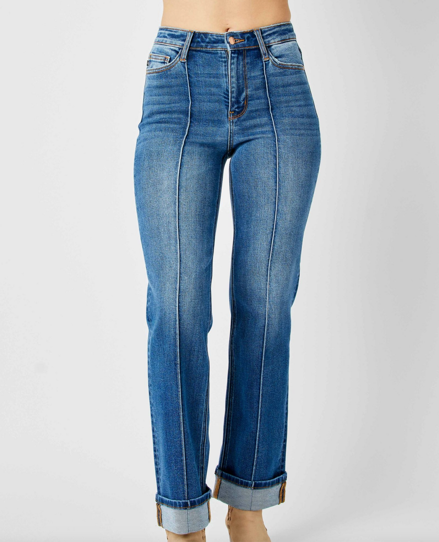 Judy Blue Mid Wash Hight Waist Seam Detail & Cuffed Straight Leg