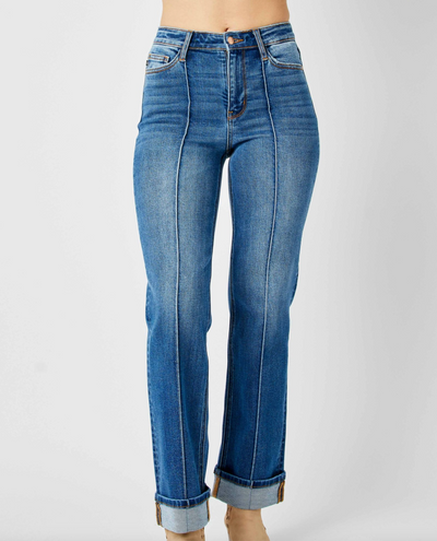 Judy Blue Mid Wash Hight Waist Seam Detail & Cuffed Straight Leg