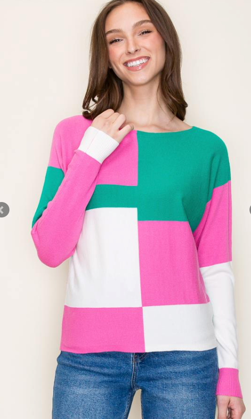 Kelly Green/Pink Color Block Boat Neck Pullover Top