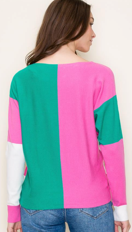 Kelly Green/Pink Color Block Boat Neck Pullover Top