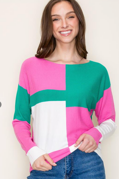 Kelly Green/Pink Color Block Boat Neck Pullover Top