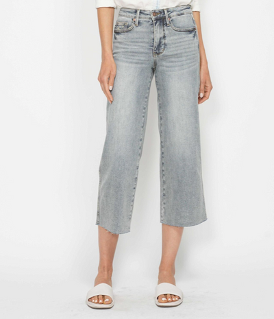 Judy Blue MidRise Tummy Control Raw Hem Crop Wide Denim