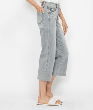 Judy Blue MidRise Tummy Control Raw Hem Crop Wide Denim