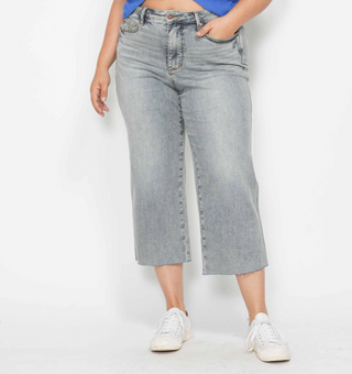 Judy Blue MidRise Tummy Control Raw Hem Crop Wide Denim