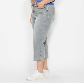 Judy Blue MidRise Tummy Control Raw Hem Crop Wide Denim