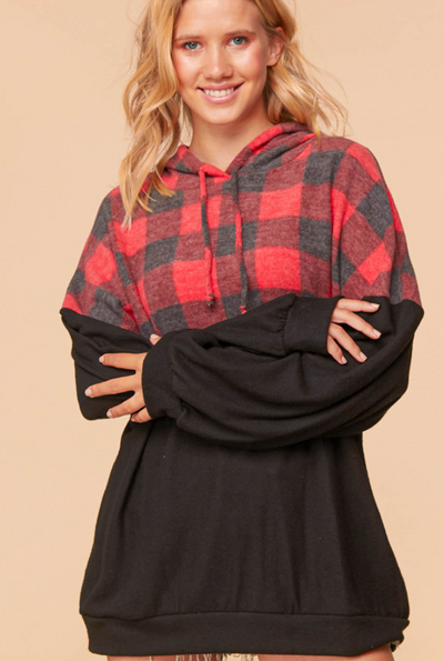 Cashmere Feel Brushed Plaid Long Sleeve Hoodie