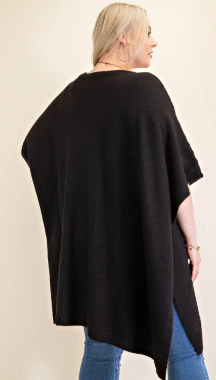 CURVY BLACK ROUND NECK PONCHO SWEATER