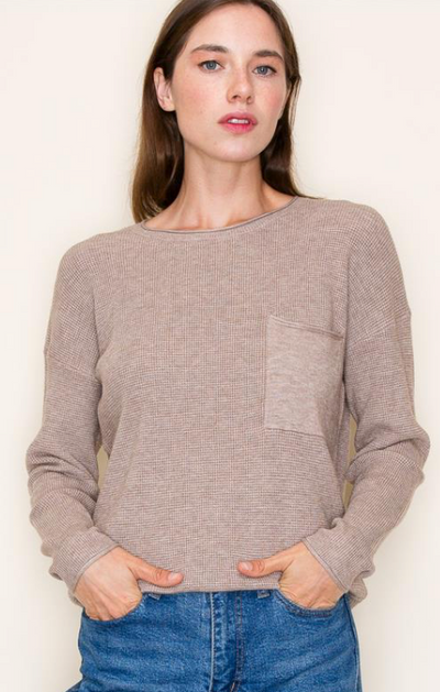 LT MOCHA WAFFLE TEXTURED, CHEST POCKET, LONG SLEEVE, CREW NECK, PULLOVER SWEATER