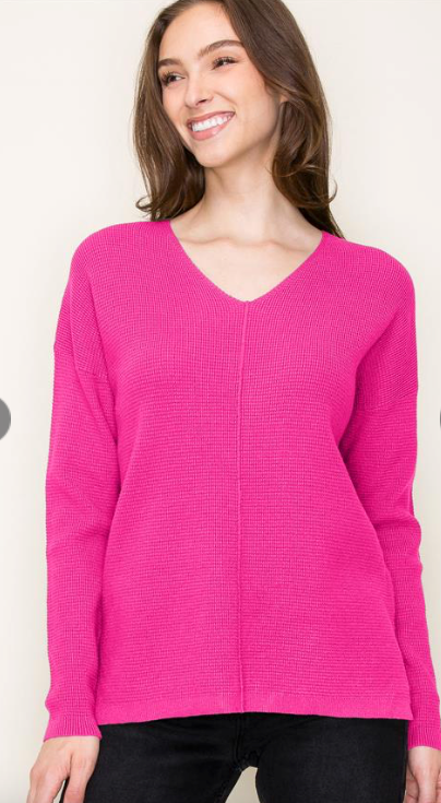 Hot Pink Waffle Neck Long Sleeve Top