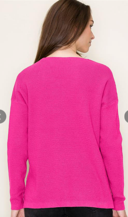 Hot Pink Waffle Neck Long Sleeve Top