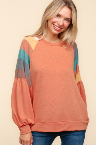 CURVY PUMPKIN ROUND NECK RAGLAN MULTICOLOR STRIPE PRINT TOP Final Sale