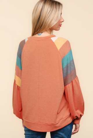 CURVY PUMPKIN ROUND NECK RAGLAN MULTICOLOR STRIPE PRINT TOP Final Sale