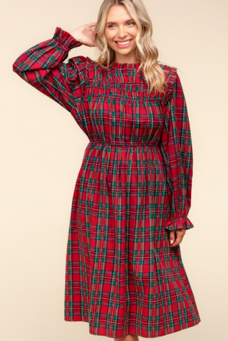 Curvy Red Plaid Frilled Mock Neck Dress Final Sale
