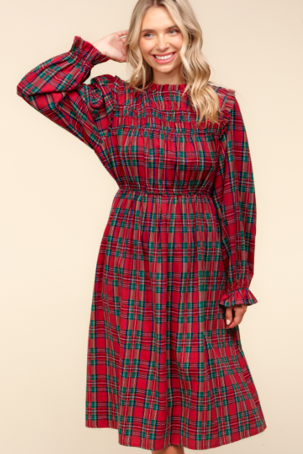 red mock neck dress Curvy Red Plaid Frilled Mock Neck Dress Final Sale