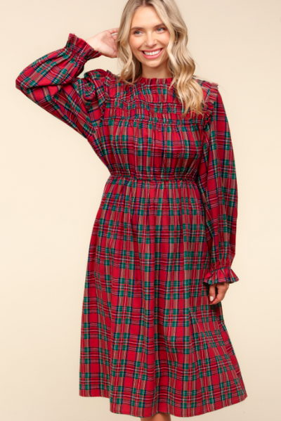 Curvy Red Plaid Frilled Mock Neck Dress