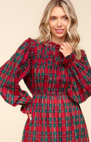 Curvy Red Plaid Frilled Mock Neck Dress Final Sale