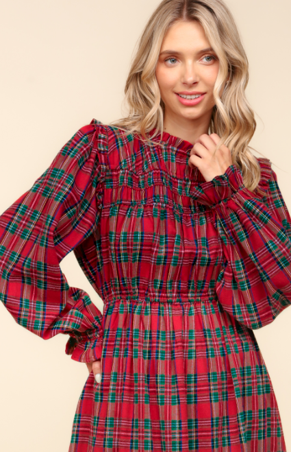 Curvy Red Plaid Frilled Mock Neck Dress