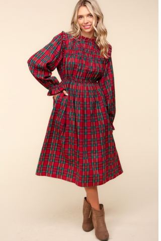Curvy Red Plaid Frilled Mock Neck Dress Final Sale