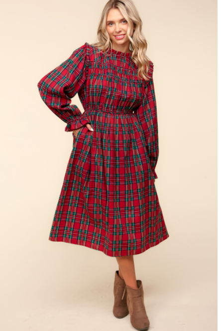 Curvy Red Plaid Frilled Mock Neck Dress